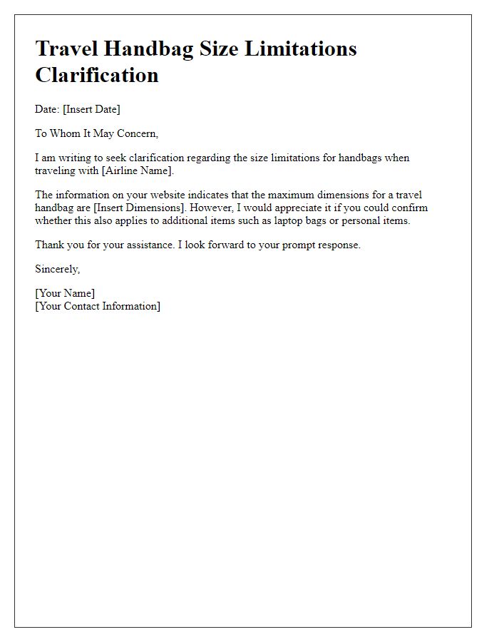 Letter template of travel handbag size limitations clarification