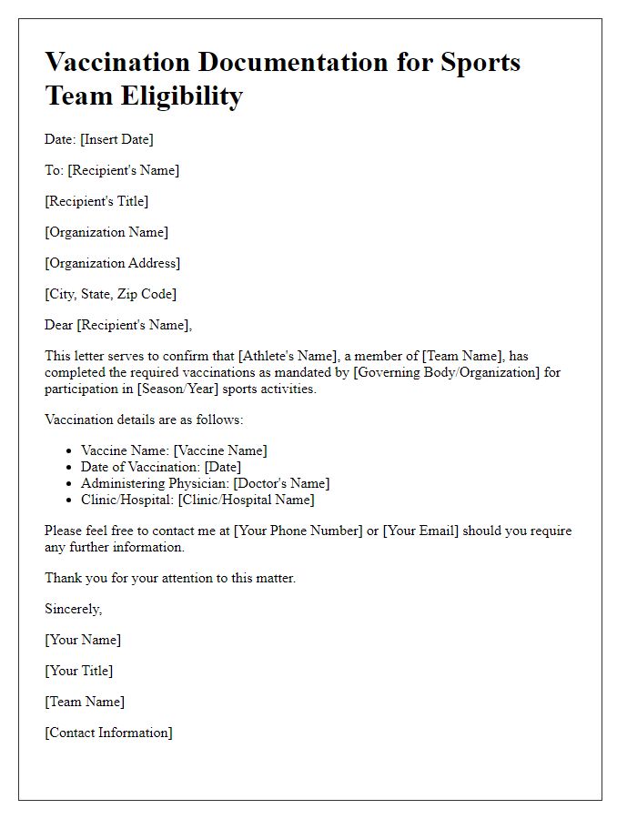 Letter template of vaccination documentation for sports team eligibility.