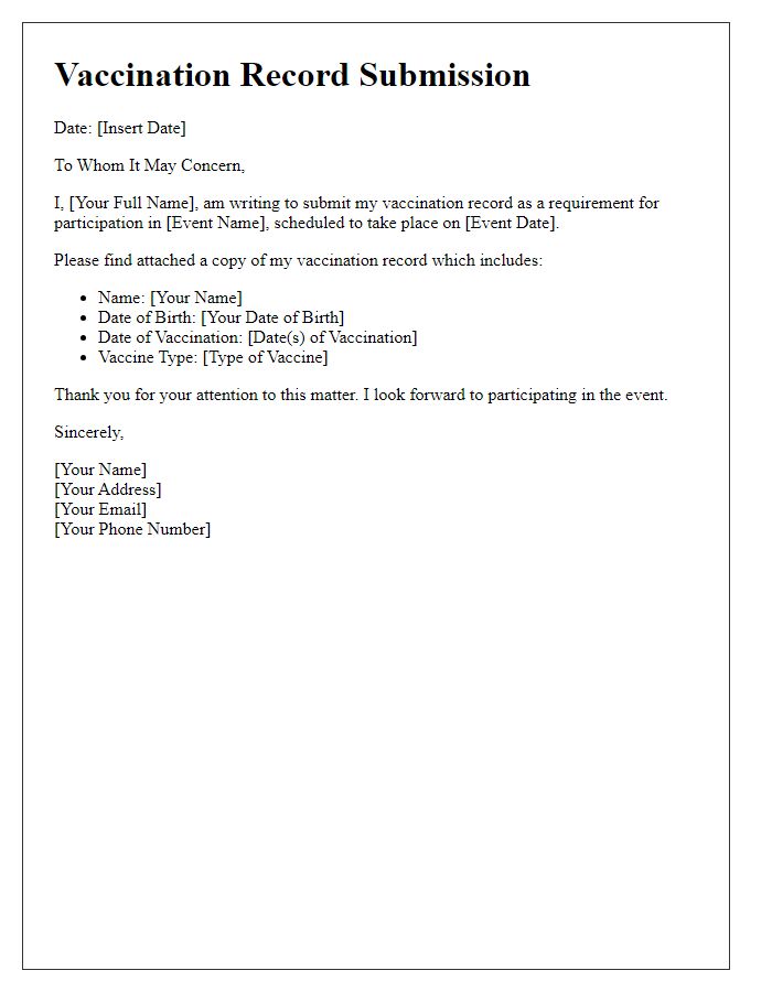 Letter template of vaccination record submission for event participation.