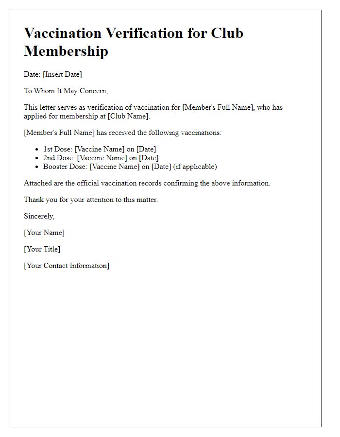 Letter template of vaccination verification for club membership.