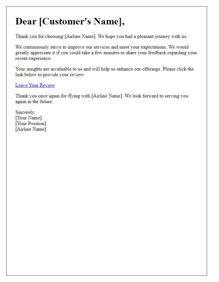 Letter template of airline service review request
