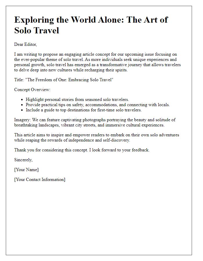 Letter template of in-flight magazine article concept about solo travel.