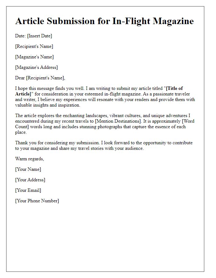 Letter template of in-flight magazine article submission for travel experiences.