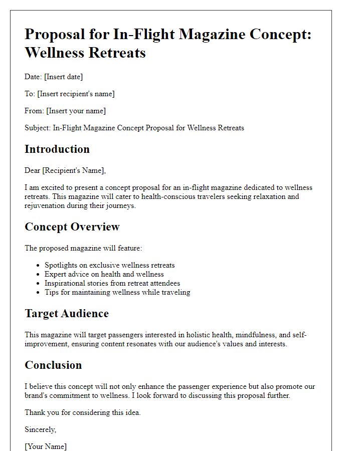 Letter template of in-flight magazine concept proposal for wellness retreats.