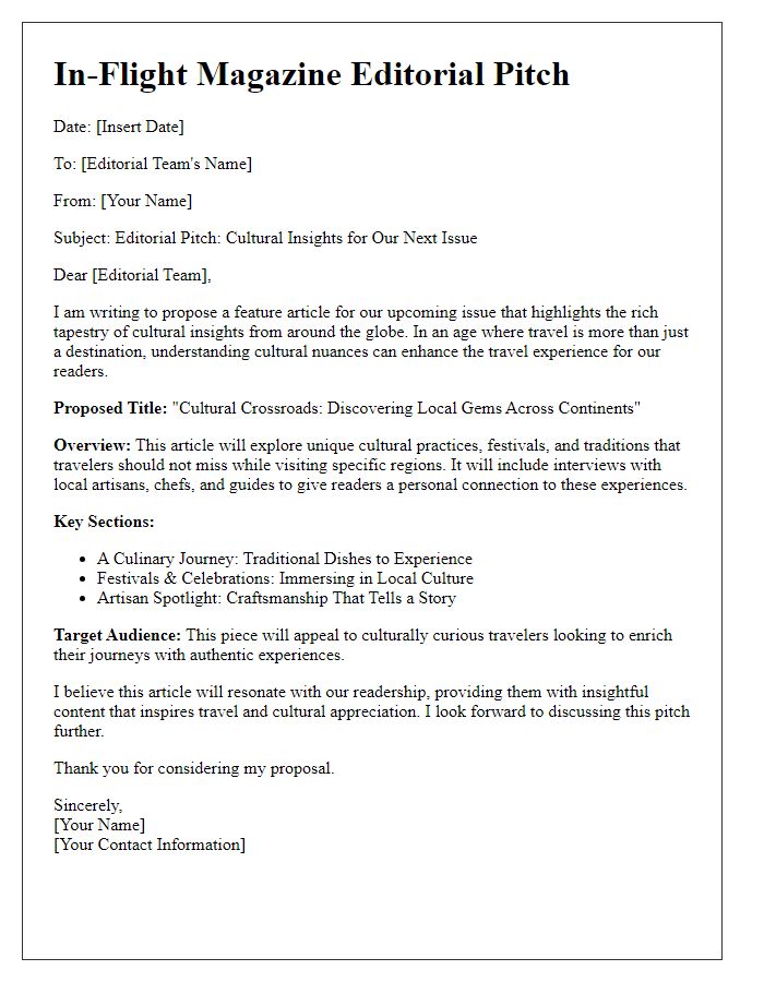 Letter template of in-flight magazine editorial pitch for cultural insights.