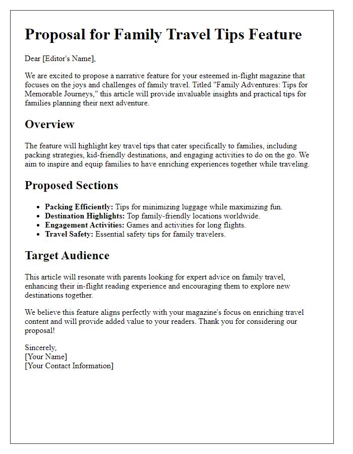 Letter template of in-flight magazine narrative proposal for family travel tips.