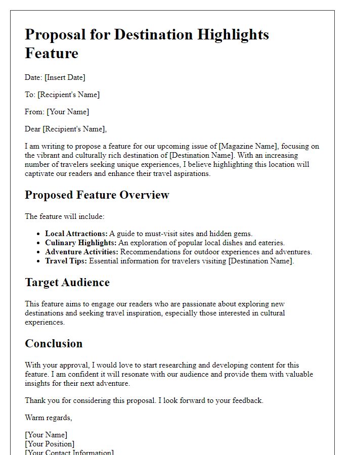 Letter template of in-flight magazine proposal for destination highlights.