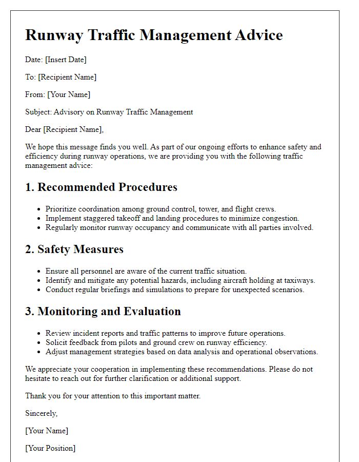 Letter template of runway traffic management advice