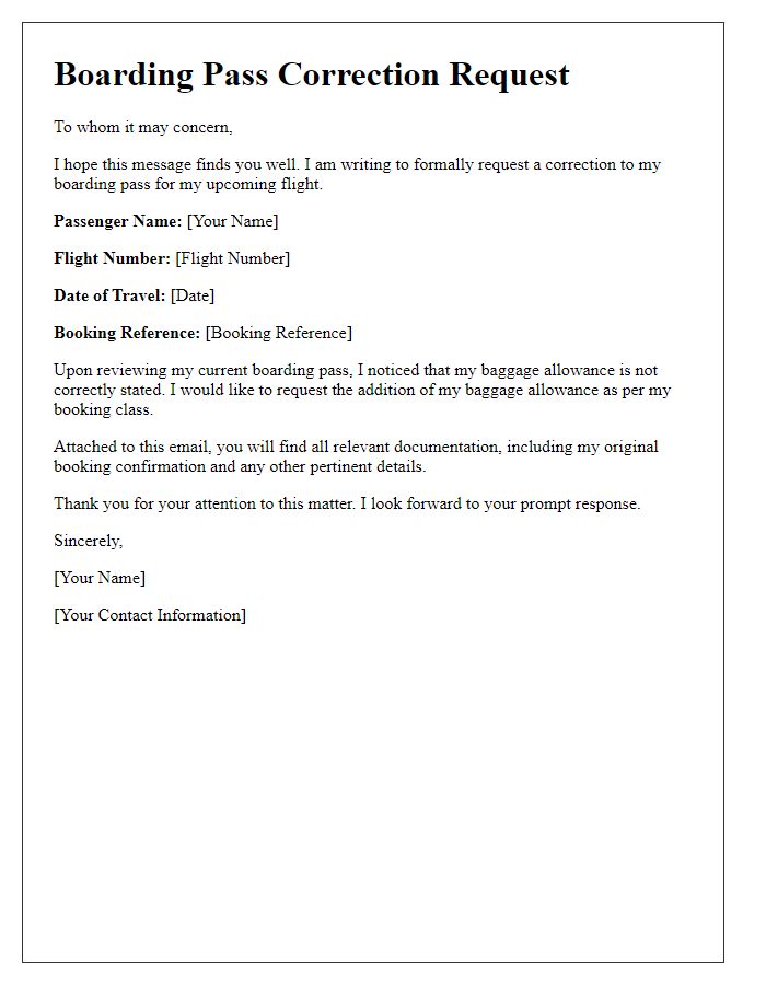 Letter template of boarding pass correction request for adding baggage allowance.