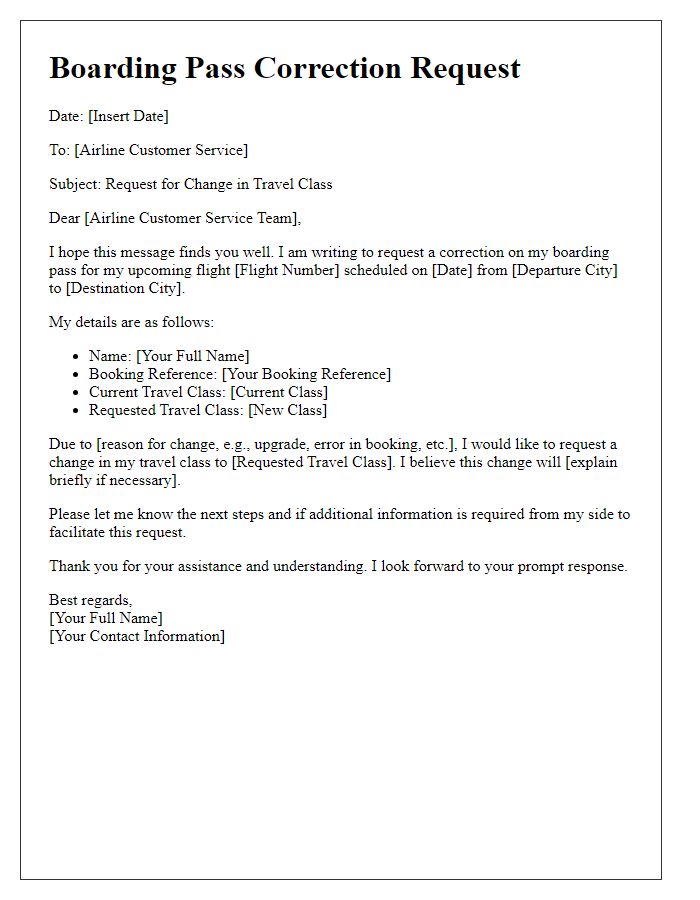 Letter template of boarding pass correction request for change in travel class.