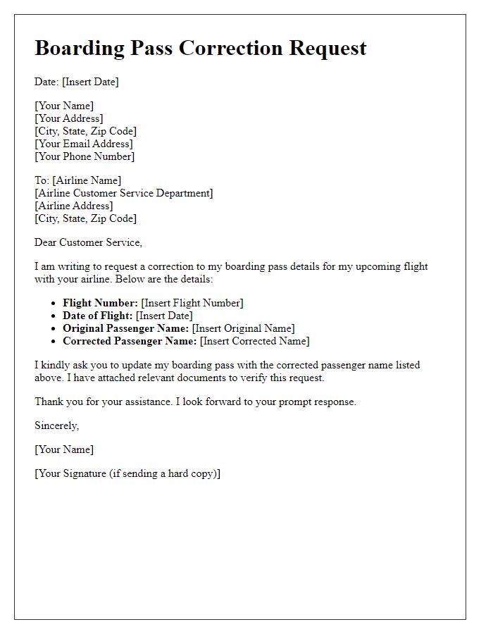 Letter template of boarding pass correction request for changing passenger details.