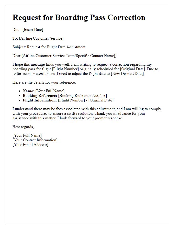 Letter template of boarding pass correction request for flight date adjustment.