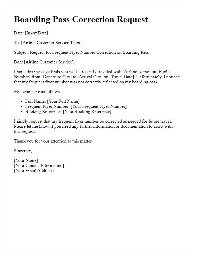 Letter template of boarding pass correction request for frequent flyer number correction.