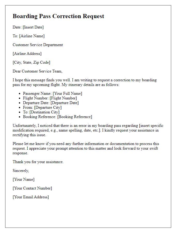 Letter template of boarding pass correction request for itinerary modification.