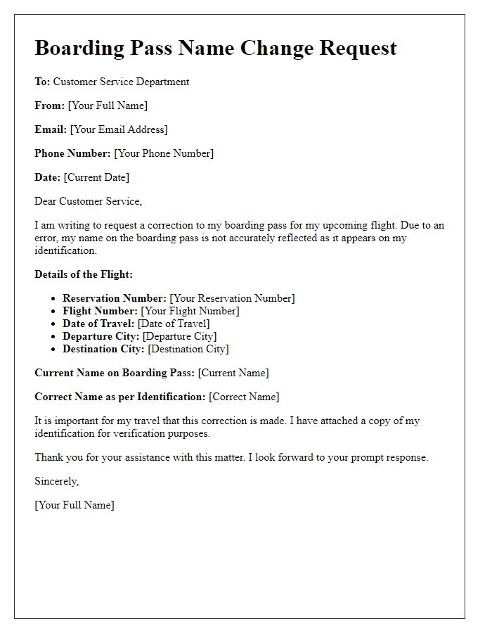 Letter template of boarding pass correction request for name change.