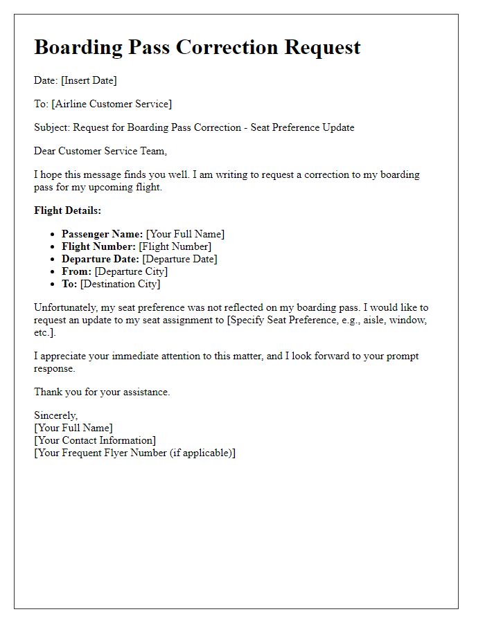 Letter template of boarding pass correction request for seat preference update.