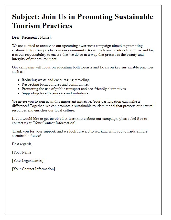 Letter template of awareness campaign for sustainable tourism practices