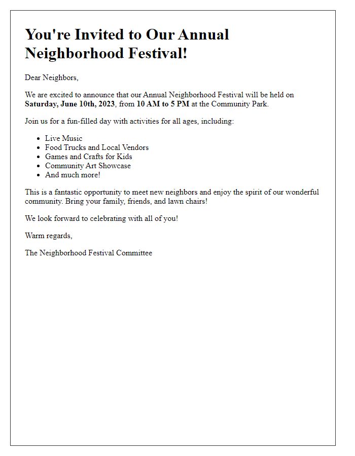 Letter template of celebration announcement for a neighborhood festival