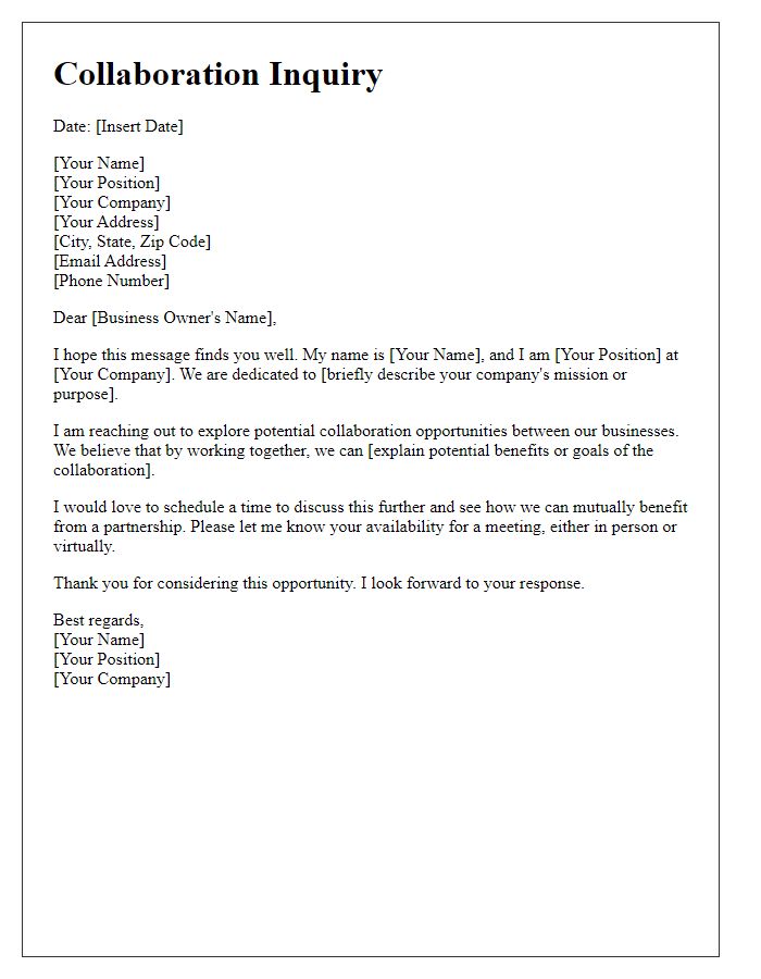 Letter template of collaboration inquiry for local businesses