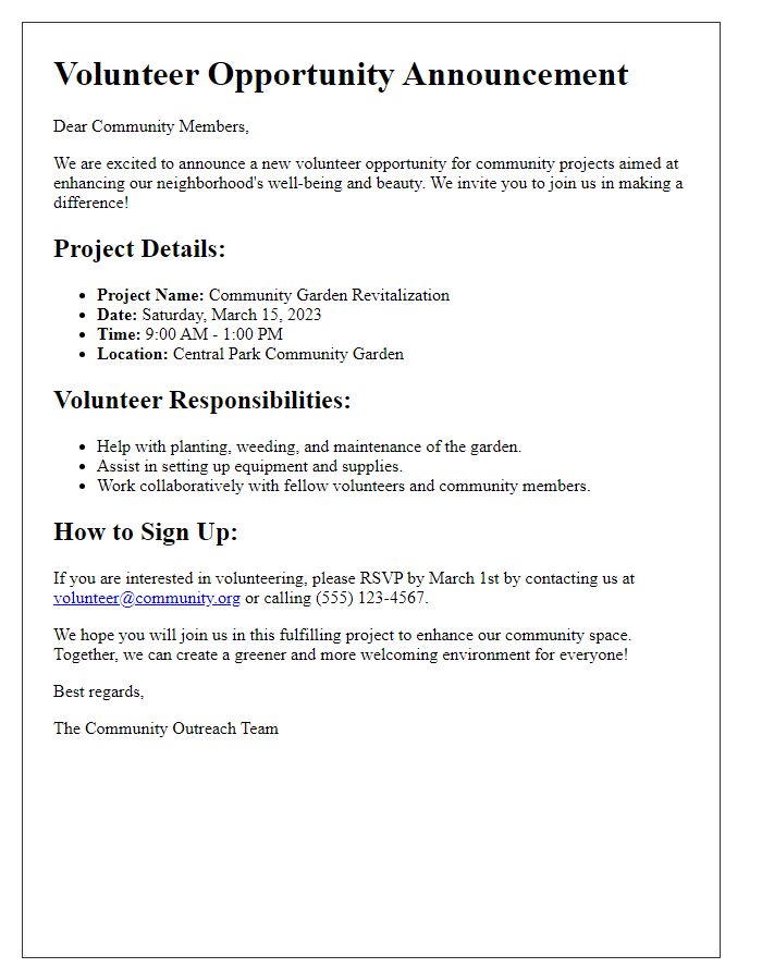 Letter template of volunteer opportunity announcement for community projects