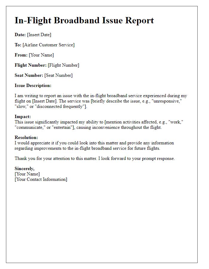 Letter template of in-flight broadband issue report