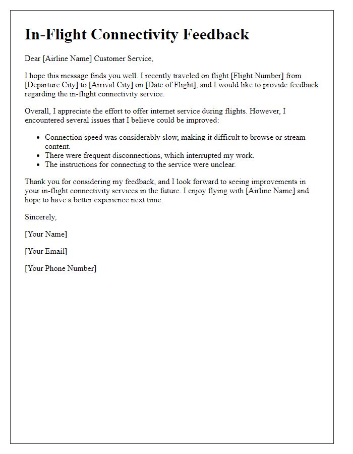 Letter template of in-flight connectivity feedback