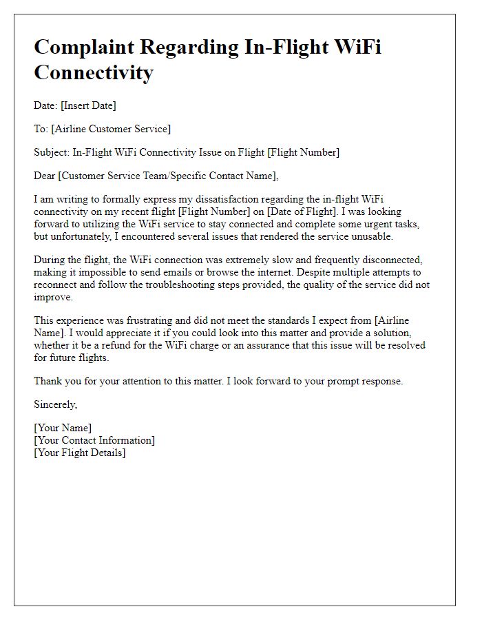 Letter template of in-flight WiFi connectivity complaint