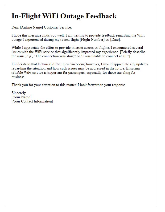 Letter template of in-flight WiFi outage feedback