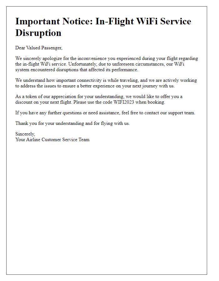 Letter template of in-flight WiFi service disruption