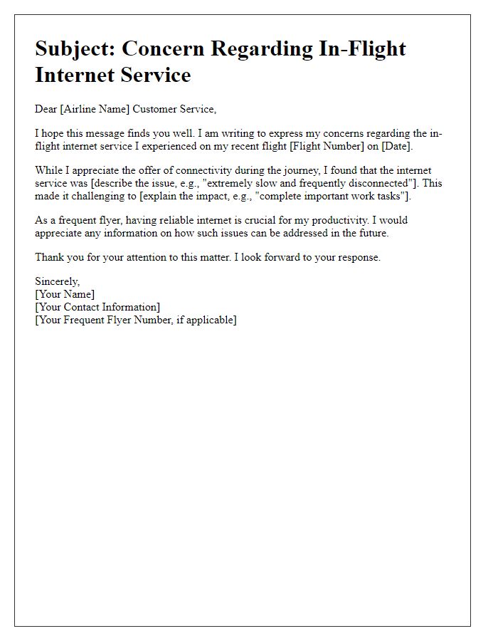 Letter template of Internet service concern while flying