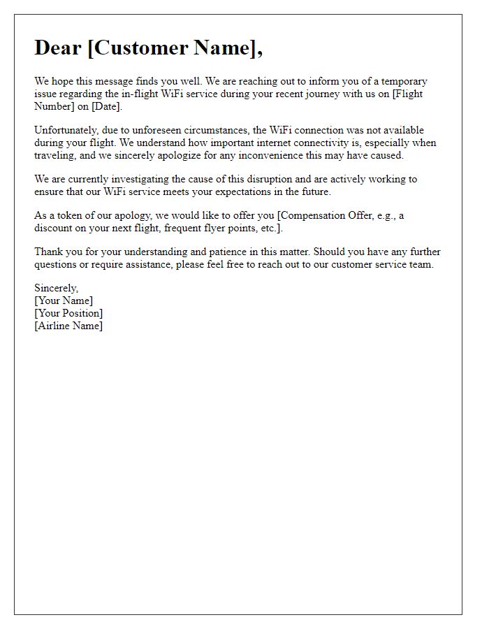 Letter template of WiFi connection failure during flight