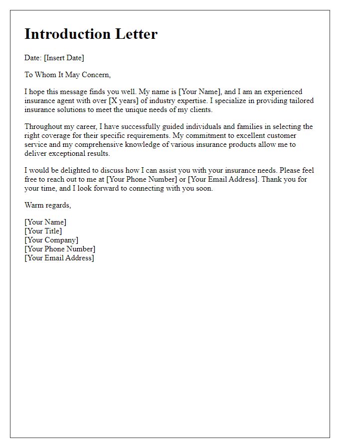 Letter template of an experienced insurance agent introduction.