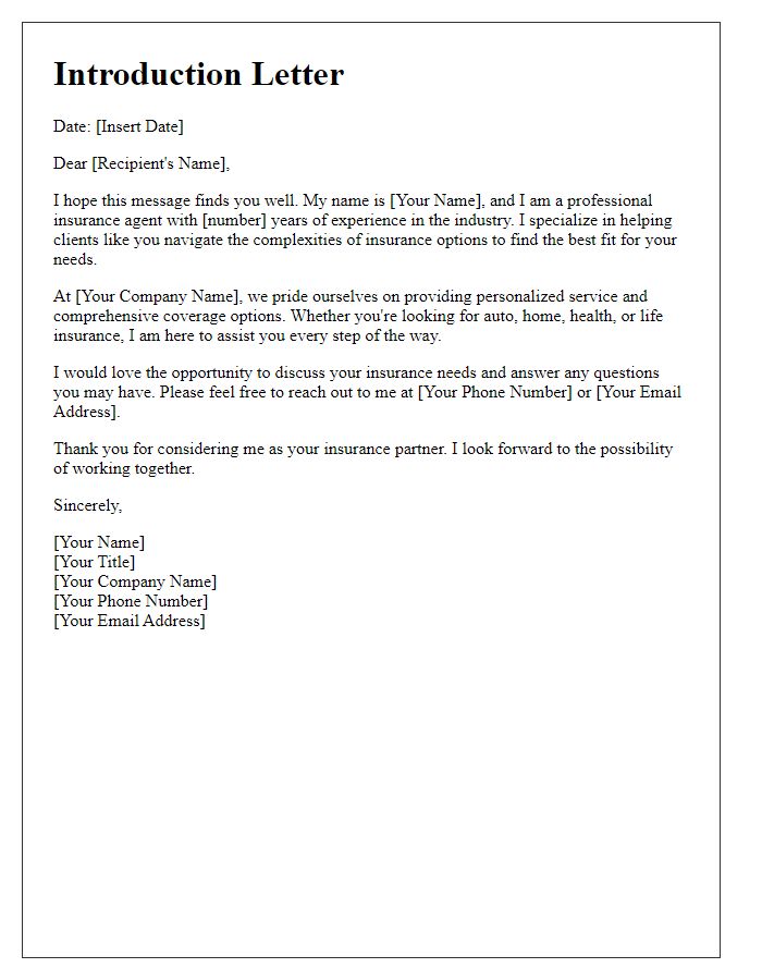 Letter template of a professional insurance agent introduction.