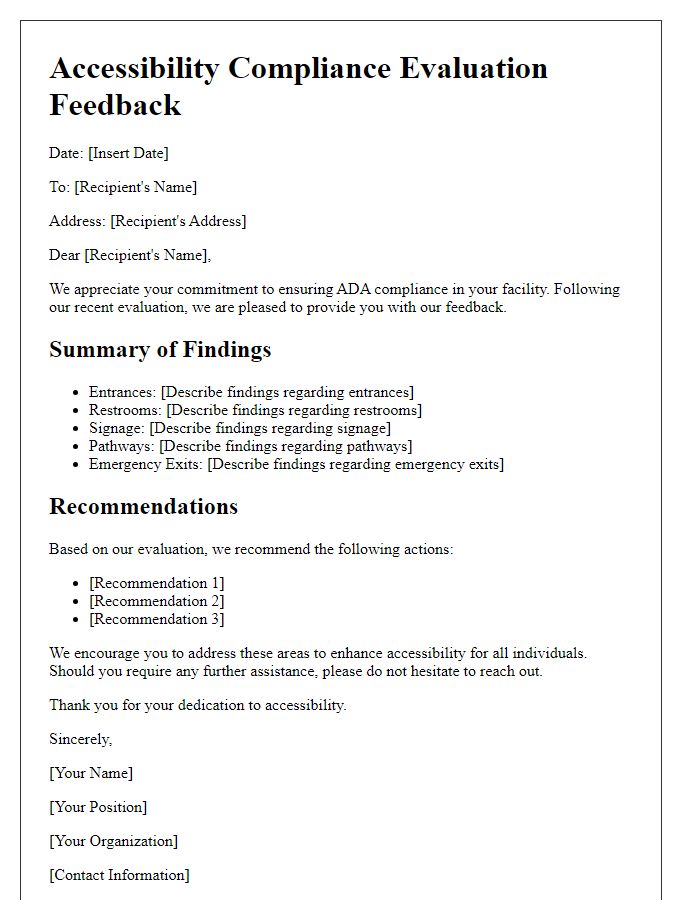 Letter template of ADA accessibility compliance evaluation feedback