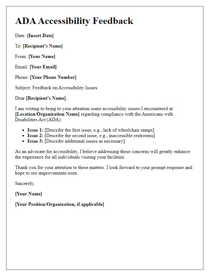 Letter template of ADA accessibility issues feedback