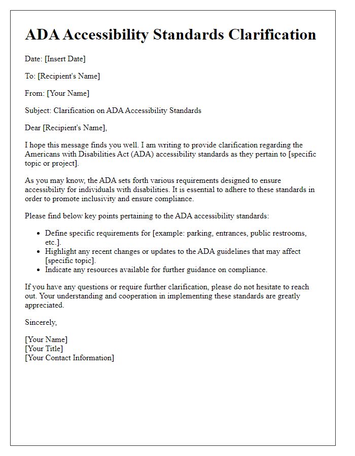 Letter template of ADA accessibility standards clarification