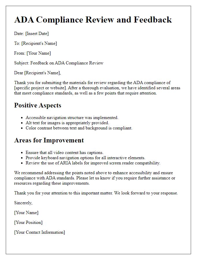 Letter template of ADA compliance review and feedback