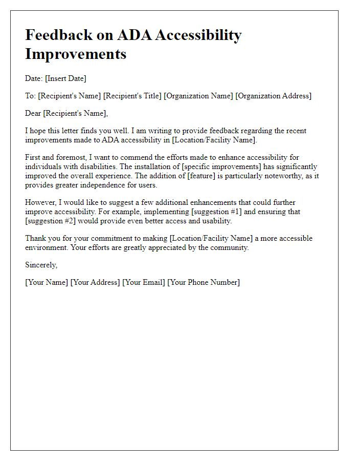 Letter template of feedback on ADA accessibility improvements