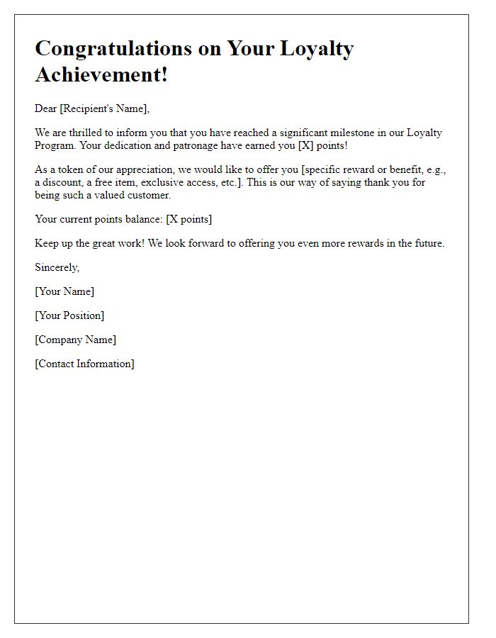 Letter template of Points Loyalty Achievement Letter