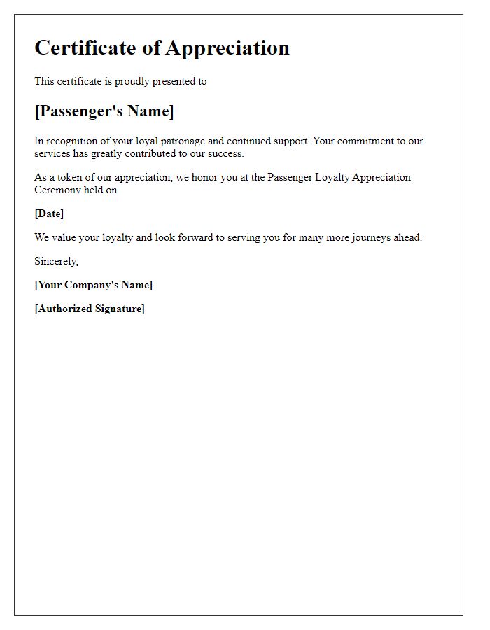 Letter template of certificate for passenger loyalty appreciation ceremony