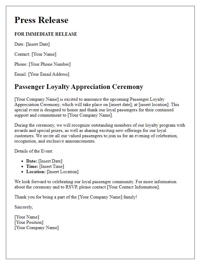 Letter template of press release for passenger loyalty appreciation ceremony