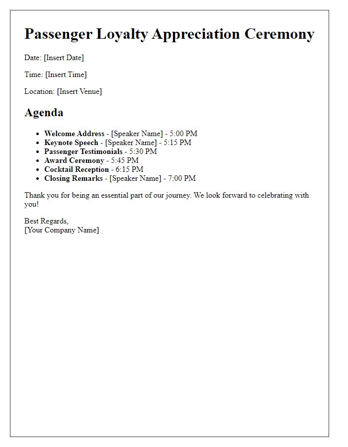 Letter template of program agenda for passenger loyalty appreciation ceremony