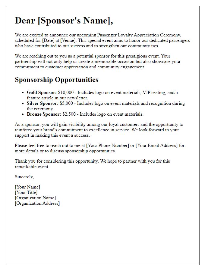 Letter template of sponsorship proposal for passenger loyalty appreciation ceremony