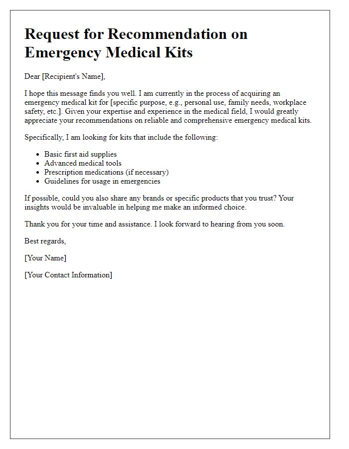 Letter template of asking for recommendations on emergency medical kits