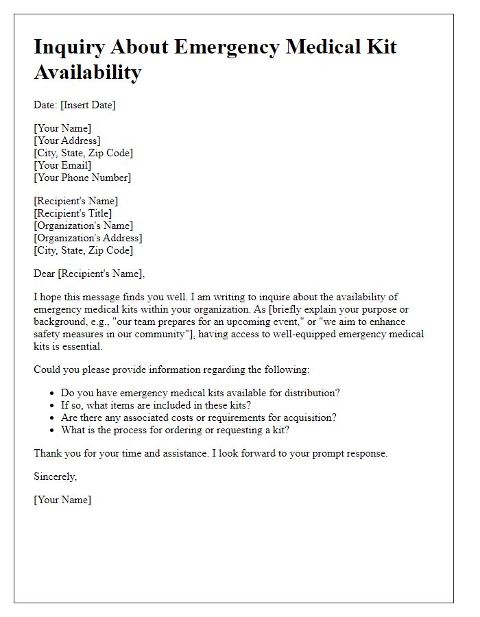 Letter template of inquiry regarding emergency medical kit availability