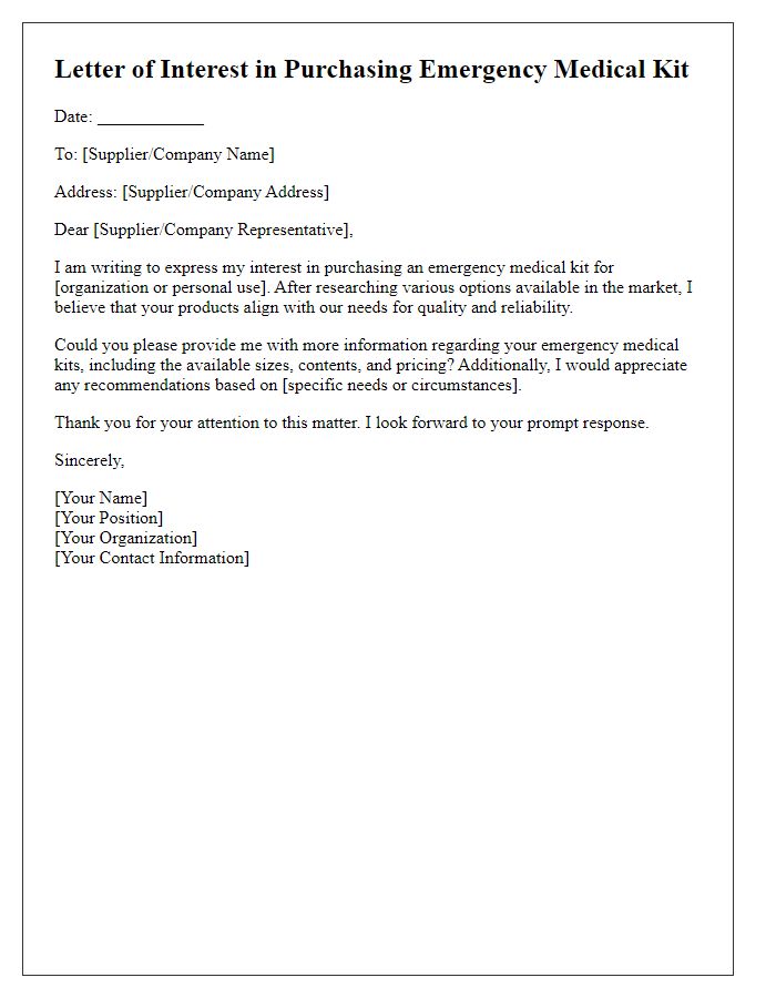 Letter template of interest in purchasing an emergency medical kit