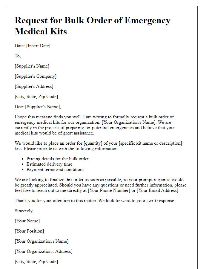 Letter template of request for bulk order of emergency medical kits