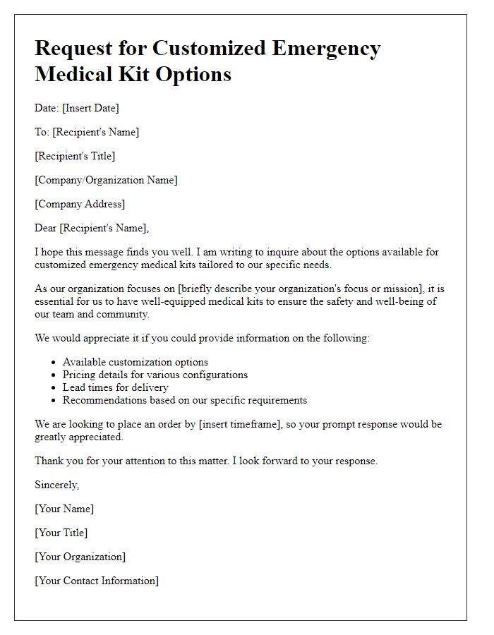 Letter template of request for customized emergency medical kit options