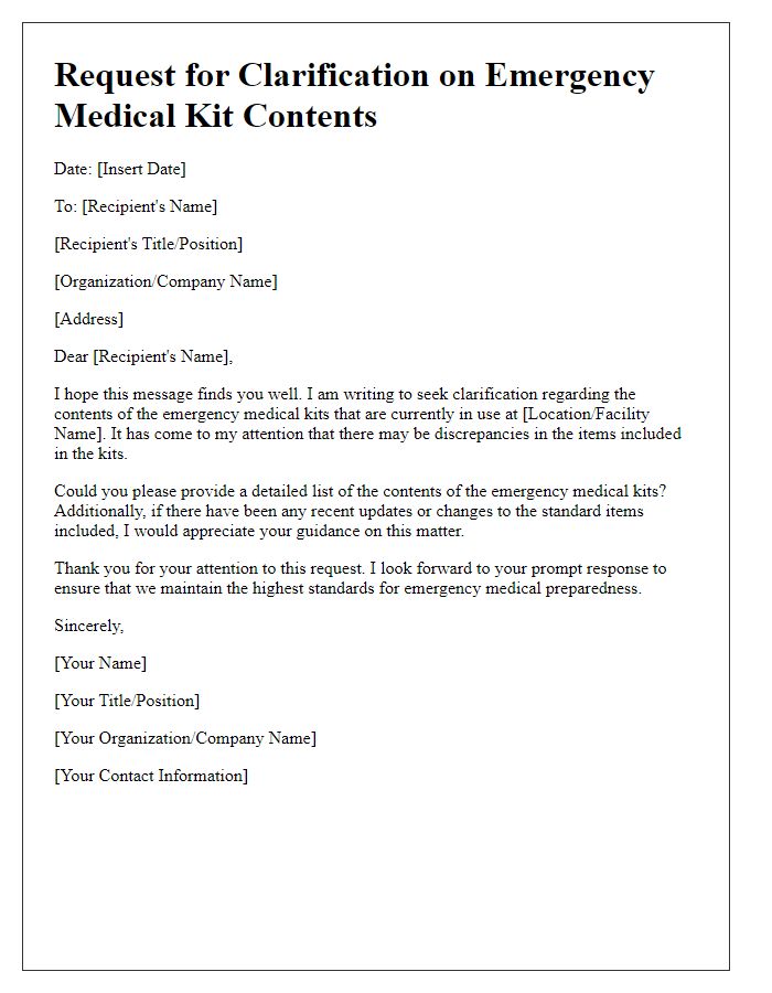 Letter template of seeking clarification on emergency medical kit contents