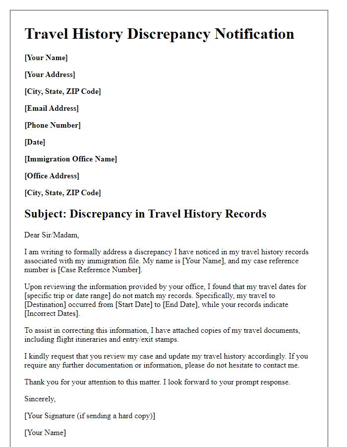 Letter template of travel history discrepancy for immigration records.